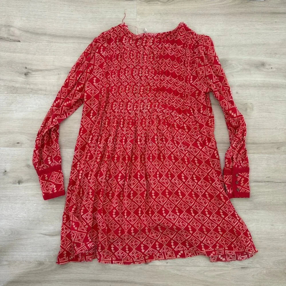 Free People Pintuck Marlow Swing Dress Tunic Red Cream Orange Size Small